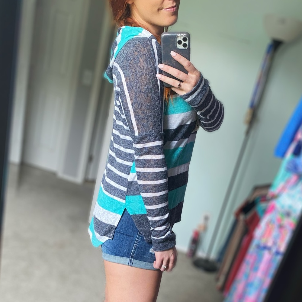 Beachy Lightweight Turquoise Navy White Striped Pullover Hoodie | Size M - Picture 5 of 7